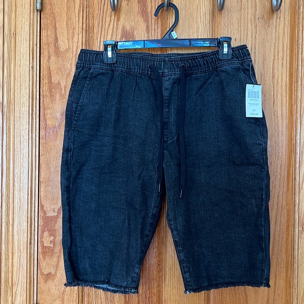 Black denim jogger shorts
